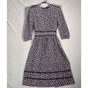 Lisa II Vintage Floral Rose Midi Dress‎ Black Pink Satin Trim 3/4 Sleeve Size 10